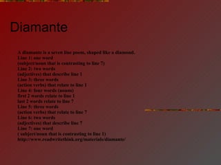 Diamante  A diamante is a seven line poem, shaped like a diamond.   Line 1: one word (subject/noun that is contrasting to ...