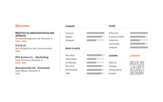 Éducation                                 Langues          Profil


Maîtrise en Administration des            Français         Efficacité
Affaires                                  Anglais          Communication
Euromed-Management, ESC Marseille, fr
                                          Espagnol         Créativité
1999 - 2002
                                                           Autonomie
T.O.E.I.C
                                                           Intégrité
Test Of English for Intl. Communication   Boite à outils
2001

                                          MS Office        Intérêts        Linkedin
BTS Action Co. - Marketing
                                          Suite Adobe
Lycée Perrimond, Marseille, fr
1996 - 1999                               JD Edwards       Plein air
                                          Mac OS X         Voyages
Baccalauréat ES - Économie
                                          MS Windows       Photographie
Lycée Mélizan, Marseille, fr
1996                                      CRM              Famille
 