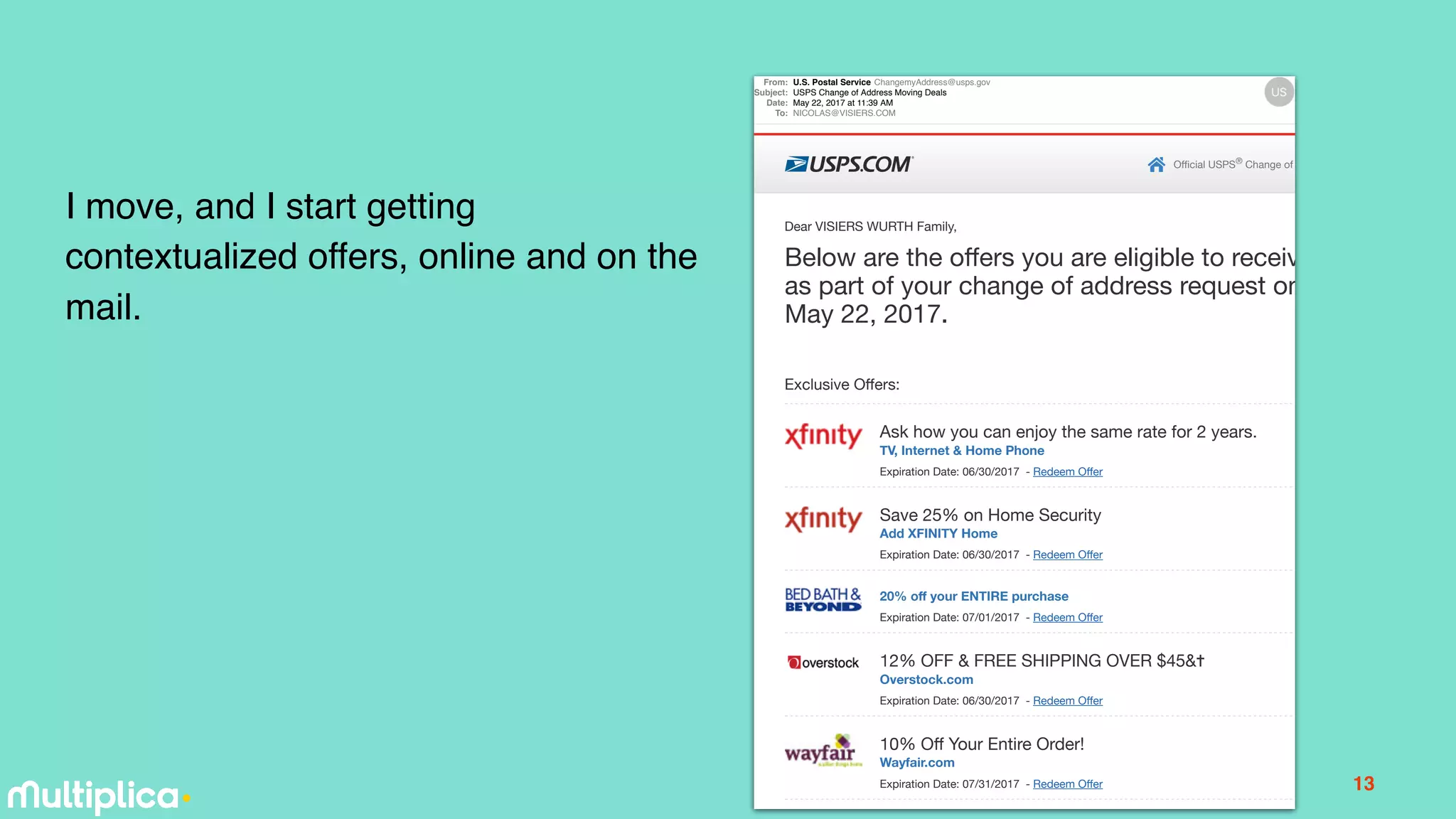 13
I move, and I start getting
contextualized offers, online and on the
mail.
From: U.S. Postal Service ChangemyAddress@usps.gov
Subject: USPS Change of Address Moving Deals
Date: May 22, 2017 at 11:39 AM
To: NICOLAS@VISIERS.COM
Oﬃcial USPS®
Change of Address
Dear VISIERS WURTH Family,
Below are the oﬀers you are eligible to receive
as part of your change of address request on
May 22, 2017.
Exclusive Oﬀers:
Ask how you can enjoy the same rate for 2 years.
TV, Internet & Home Phone
Expiration Date: 06/30/2017 - Redeem Oﬀer
Save 25% on Home Security
Add XFINITY Home
Expiration Date: 06/30/2017 - Redeem Oﬀer
20% oﬀ your ENTIRE purchase
Expiration Date: 07/01/2017 - Redeem Oﬀer
12% OFF & FREE SHIPPING OVER $45&✝
Overstock.com
Expiration Date: 06/30/2017 - Redeem Oﬀer
10% Oﬀ Your Entire Order!
Wayfair.com
Expiration Date: 07/31/2017 - Redeem Oﬀer
 