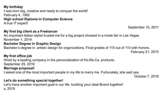 My birthday
I was born big, creative and ready to conquer the world!
February 4, 1992
High school Diploma in Computer Science
A true IT expert!
September 10, 2011
My first big client as a Freelancer
An important Italian stylist trusted me for a big project showed in a mode fair in Las Vegas.
November 1, 2014
Bachelor Degree in Graphic Design
Bachelor’s degree in: artistic design for organizations. Final grades of 110 out of 110 with honors.
February 21, 2015
My first office job
Hired by a leading company in the personalization of Ho.Re.Ca. products.
September 29, 2016
Marriage proposal!
I asked one of the most important people in my life to marry me. Fortunately, she said yes.
October 7, 2018
Let’s do something special together!
Let’s trace another important goal in our life, building your ideal Brand together!
x, 2019
 