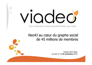 Your network is more powerful than you think



Neo4J au cœur du graphe social
    de 45 millions de membres


                                    Viadeo Tech Days
                     Les 20, 21 et 22 novembre 2012

                                                       1
 