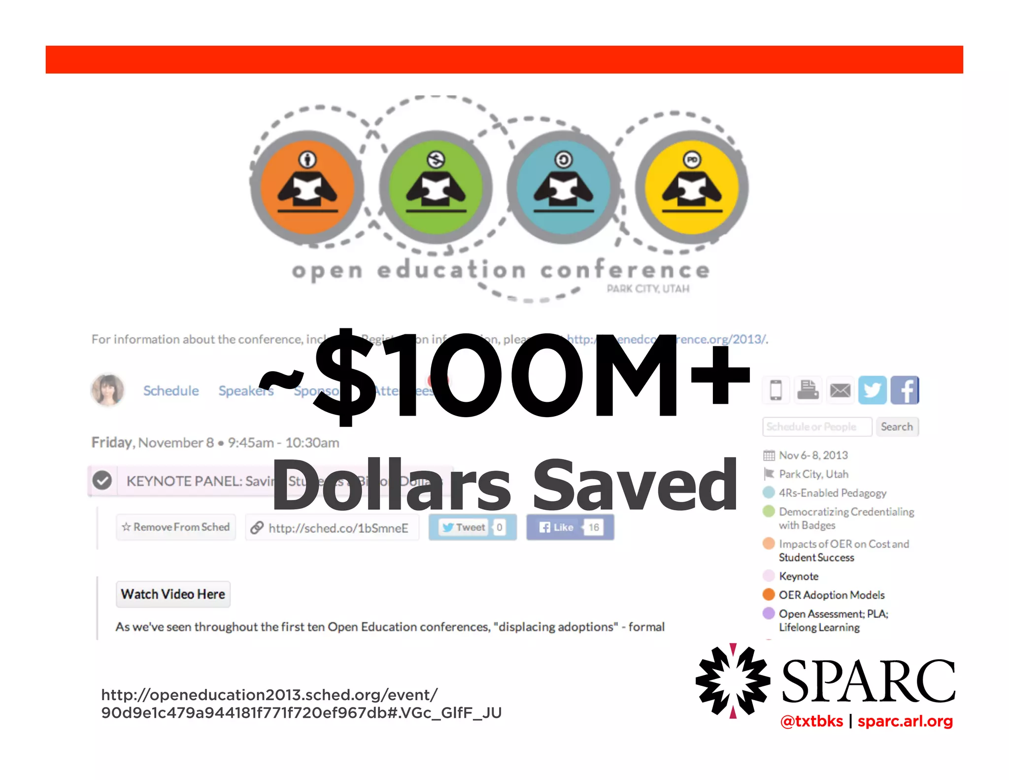 !@txtbks | sparc.arl.org
http://openeducation2013.sched.org/event/
90d9e1c479a944181f771f720ef967db#.VGc_GlfF_JU
~$100M+
Dollars Saved
 