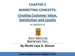 www.nicolealunan.blogspot.comwww.nicolealunan.blogspot.com
CHAPTER 5
MARKETING CONCEPTS:
Creating Customer Value,
Satisfaction and Loyalty
as applied to
By Nicole Laya A. Alunan
 