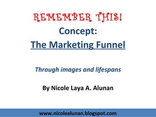 www.nicolealunan.blogspot.comwww.nicolealunan.blogspot.com
REMEMBER THIS!
Concept:
The Marketing Funnel
Through images and lifespans
By Nicole Laya A. Alunan
 