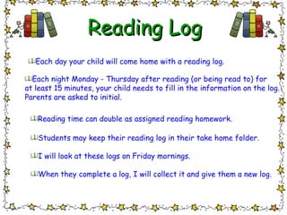 Each day your child will come home with a reading log. Each night Monday - Thursday after reading (or being read to) for  at least 15 minutes, your child needs to fill in the information on the log.  Parents are asked to initial. Reading time can double as assigned reading homework. Students may keep their reading log in their take home folder. I will look at these logs on Friday mornings. When they complete a log, I will collect it and give them a new log. Reading Log 