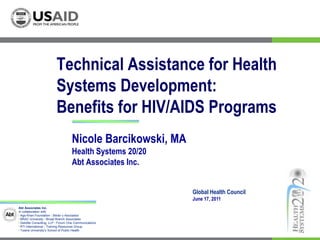 Technical Assistance for Health Systems Development: Benefits for HIV/AIDS Programs  Nicole Barcikowski, MA Health Systems 20/20  Abt Associates Inc. Global Health Council June 17, 2011 