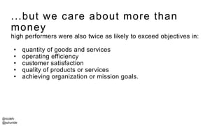 @nicolefv
@jezhumble
...but we care about more than
money
high performers were also twice as likely to exceed objectives in:
• quantity of goods and services
• operating efficiency
• customer satisfaction
• quality of products or services
• achieving organization or mission goals.
 