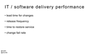 @nicolefv
@jezhumble
IT / software delivery performance
• lead time for changes
• release frequency
• time to restore service
• change fail rate
 