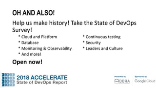 @nicolefv
@jezhumble
OH AND ALSO!
Help us make history! Take the State of DevOps
Survey!
* Cloud and Platform * Continuous testing
* Database * Security
* Monitoring & Observability * Leaders and Culture
* And more!
Open now!
 