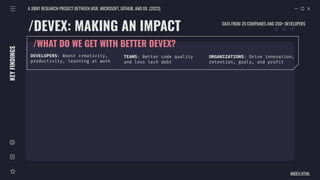 /DEVEX: MAKING AN IMPACT
A JOINT RESEARCH PROJECT BETWEEN MSR, MICROSOFT, GITHUB, AND DX. (2023)
INDEX.HTML
KEY
FINDINGS
/WHAT DO WE GET WITH BETTER DEVEX?
DEVELOPERS: Boost creativity,
productivity, learning at work
TEAMS: Better code quality
and less tech debt
ORGANIZATIONS: Drive innovation,
retention, goals, and profit
DATA FROM 20 COMPANIES AND 200+ DEVELOPERS
 