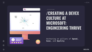 INDEX.HTML
/CREATING A DEVEX
CULTURE AT
MICROSOFT:
ENGINEERING THRIVE
Anchoring on pillars of Speed,
Ease, and Quality
 