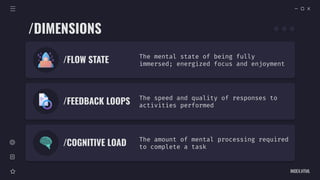 INDEX.HTML
/DIMENSIONS
/FLOW STATE
The mental state of being fully
immersed; energized focus and enjoyment
/FEEDBACK LOOPS
The speed and quality of responses to
activities performed
/COGNITIVE LOAD
The amount of mental processing required
to complete a task
 