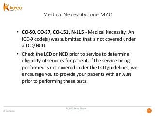 @GoKareo 2020
Medical Necessity: one MAC
• CO-50, CO-57, CO-151, N-115 - Medical Necessity: An
ICD-9 code(s) was submitted that is not covered under
a LCD/NCD.
• Check the LCD or NCD prior to service to determine
eligibility of services for patient. If the service being
performed is not covered under the LCD guidelines, we
encourage you to provide your patients with an ABN
prior to performing these tests.
©2015 Betsy Nicoletti
 