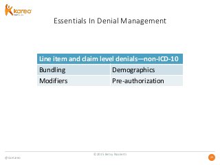 @GoKareo 2323
Essentials In Denial Management
Line item and claim level denials—non-ICD-10
Bundling Demographics
Modifiers Pre-authorization
©2015 Betsy Nicoletti
 