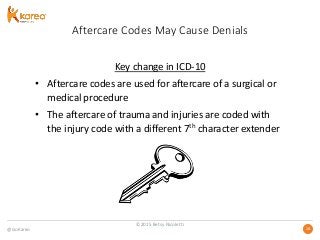 @GoKareo 2828
Aftercare Codes May Cause Denials
Key change in ICD-10
• Aftercare codes are used for aftercare of a surgical or
medical procedure
• The aftercare of trauma and injuries are coded with
the injury code with a different 7th character extender
©2015 Betsy Nicoletti
 