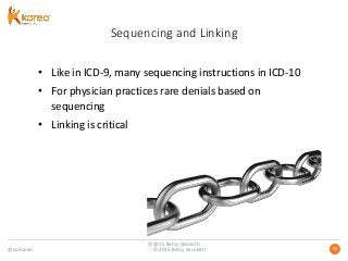 @GoKareo 3030
Sequencing and Linking
• Like in ICD-9, many sequencing instructions in ICD-10
• For physician practices rare denials based on
sequencing
• Linking is critical
©2015 Betsy Nicoletti
©2015 Betsy Nicoletti
 