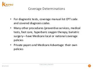 @GoKareo 3232
Coverage Determinations
• For diagnostic tests, coverage manual list CPT code
and covered diagnosis codes
• Many other procedures (preventive services, medical
tests, foot care, hyperbaric oxygen therapy, bariatric
surgery—have Medicare local or national coverage
policies
• Private payers and Medicare Advantage: their own
policies
©2015 Betsy Nicoletti
 