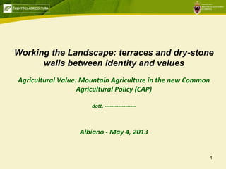 1
Working the Landscape: terraces and dry-stone
walls between identity and values
Agricultural Value: Mountain Agriculture in the new Common
Agricultural Policy (CAP)
dott. ------------------
Albiano - May 4, 2013
 