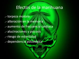 Efectos de la marihuana
.- torpeza motora
.- alteración en la memoria
.- aumento de frecuencia cardiaca
.- alucinaciones y...