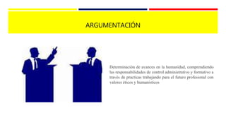 ARGUMENTACIÓN
Determinación de avances en la humanidad, comprendiendo
las responsabilidades de control administrativo y formativo a
través de practicas trabajando para el futuro profesional con
valores éticos y humanísticos
 