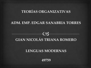 GIAN NICOLÁS TRIANA ROMERO
49759
LENGUAS MODERNAS
ADM. EMP. EDGAR SANABRIA TORRES
TEORÍAS ORGANIZATIVAS
 
