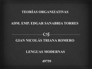 GIAN NICOLÁS TRIANA ROMERO
49759
LENGUAS MODERNAS
ADM. EMP. EDGAR SANABRIA TORRES
TEORÍAS ORGANIZATIVAS
 