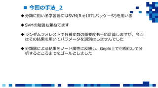  今回の手法_2
分類に用いる学習器にはSVM(R:e1071パッケージ)を用いる
SVMの勉強も兼ねてます
ランダムフォレストで各種変数の重要度も一応計算しますが、今回
はその結果を用いてパラメータを選別はしませんでした
分類器による結果をノード属性に反映し、Gephi上で可視化して分
析するところまでをゴールとしました
 