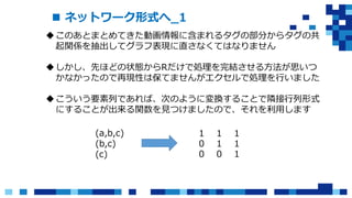  ネットワーク形式へ_1
このあとまとめてきた動画情報に含まれるタグの部分からタグの共
起関係を抽出してグラフ表現に直さなくてはなりません
しかし、先ほどの状態からRだけで処理を完結させる方法が思いつ
かなかったので再現性は保てませんがエクセルで処理を行いました
こういう要素列であれば、次のように変換することで隣接行列形式
にすることが出来る関数を見つけましたので、それを利用します
(a,b,c)
(b,c)
(c)
１ １ １
０ １ １
０ ０ １
 