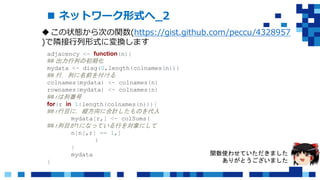  ネットワーク形式へ_2
この状態から次の関数(https://gist.github.com/peccu/4328957
)で隣接行列形式に変換します
adjacency <- function(n){
## 出力行列の初期化
mydata <- diag(0,length(colnames(n)))
## 行，列に名前を付ける
colnames(mydata) <- colnames(n)
rownames(mydata) <- colnames(n)
## rは列番号
for(r in 1:length(colnames(n))){
## r行目に，縦方向に合計したものを代入
mydata[r,] <- colSums(
## r列目が1になっている行を対象にして
n[n[,r] == 1,]
)
}
mydata
}
関数使わせていただきました
ありがとうございました
 