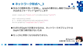  ネットワーク形式へ_3
先ほどの関数を用いて変換し、igraphの書き出し機能でGephiで読
み込めるフォーマット”gml”にします
わざわざGephiで計算させるのは、ネットワークオブジェクトは
Gephiで扱う癖が抜けないため
もっとRと仲良くならねばなりません
seed<-read.csv("seed.csv",fileEncoding="cp932")
adj<-adjacency(seed)
g <- graph.adjacency(adj,weighted=TRUE)
write.graph(g,"taggraph.gml","gml")
多分igraphで
全部計算できましたね
 