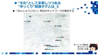  “文化”として定着しつつある
“ゆっくり”関連タグとは_5
「まんじゅうこわい」周辺のネットワークを確認する
ゆっくりに物語を
喋らせている
のが多い印象
 