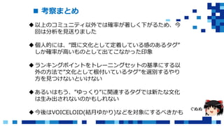  考察まとめ
ぐぬぬ
以上のコミュニティ以外では確率が著しく下がるため、今
回は分析を見送りました
個人的には、”既に文化として定着している感のあるタグ”
しか確率が高いものとして出てこなかった印象
ランキングポイントをトレーニングセットの基準にする以
外の方法で”文化として根付いているタグ”を選別するやり
方を見つけないといけない
あるいはもう、”ゆっくり”に関連するタグでは新たな文化
は生み出されないのかもしれない
今後はVOICELOID(結月ゆかり)などを対象にするべきかも
 