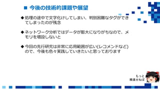  今後の技術的課題や展望
もっと
精進せねば
処理の途中で文字化けしてしまい、判別困難なタグができ
てしまったのが残念
ネットワーク分析ではデータが膨大になりがちなので、メ
モリを増設しないと
今回の先行研究は非常に応用範囲が広い(レコメンドなど)
ので、今後も色々実践していきたいと思っております
 