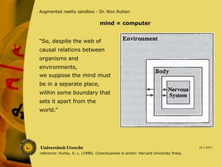 “So, despite the web of
causal relations between
organisms and
environments,
10-1-2017
Augmented reality sandbox - Dr. Nico Rutten
we suppose the mind must
be in a separate place,
within some boundary that
sets it apart from the
world.”
mind = computer
reference: Hurley, S. L. (1998). Consciousness in action: Harvard University Press.
 