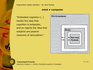 “Embodied cognition […]
resists the idea that
cognition is solipsistic,
10-1-2017
Augmented reality sandbox - Dr. Nico Rutten
and so rejects the idea that
subjects are passive
receivers of stimulation.”
mind ≠ computer
reference: Shapiro, L. (2010). Embodied cognition: Routledge.
 