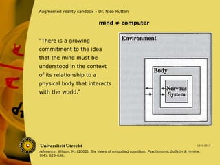 “There is a growing
commitment to the idea
that the mind must be
understood in the context
of its relationship to a
physical body that interacts
with the world.”
10-1-2017
Augmented reality sandbox - Dr. Nico Rutten
mind ≠ computer
reference: Wilson, M. (2002). Six views of embodied cognition. Psychonomic bulletin & review,
9(4), 625-636.
 