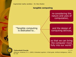 10-1-2017
Augmented reality sandbox - Dr. Nico Rutten
“Tangible computing
is dedicated to…
re-considering the
nature and uses of
computation,
and the design of
computing devices,
so that we can bring
the computer more
fully into our world.”
tangible computing
reference: Anderson, M. L. (2003). Embodied cognition: A field guide. Artificial intelligence, 149(1),
91-130.
 