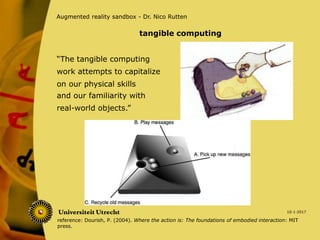 “The tangible computing
work attempts to capitalize
on our physical skills
10-1-2017
Augmented reality sandbox - Dr. Nico Rutten
and our familiarity with
real-world objects.”
tangible computing
reference: Dourish, P. (2004). Where the action is: The foundations of embodied interaction: MIT
press.
 