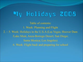 Table of contents: 1. Week: Planning and Flight 2. – 5. Week: Holidays in the U.S.A (Las Vegas; Hoover Dam /Lake Meat, Anza-Borrego Desert; San Diego; Santa Monica; Los Angeles) 6. Week: Flight back and preparing for school 
