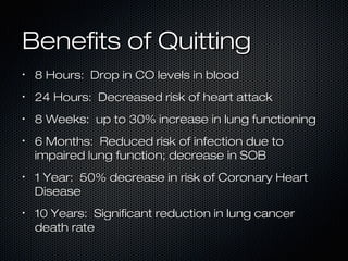 BBeenneeffiittss ooff QQuuiittttiinngg 
• 88 HHoouurrss:: DDrroopp iinn CCOO lleevveellss iinn bblloooodd 
• 224 HHoouurrss:: DDeeccrreeaasseedd rriisskk ooff hheeaarrtt aattttaacckk 
• 88 WWeeeekkss:: uupp ttoo 3300%% iinnccrreeaassee iinn lluunngg ffuunnccttiioonniinngg 
• 66 MMoonntthhss:: RReedduucceedd rriisskk ooff iinnffeeccttiioonn dduuee ttoo 
iimmppaaiirreedd lluunngg ffuunnccttiioonn;; ddeeccrreeaassee iinn SSOOBB 
• 11 YYeeaarr:: 5500%% ddeeccrreeaassee iinn rriisskk ooff CCoorroonnaarryy HHeeaarrtt 
DDiisseeaassee 
• 1100 YYeeaarrss:: SSiiggnniiffiiccaanntt rreedduuccttiioonn iinn lluunngg ccaanncceerr 
ddeeaatthh rraattee 
 