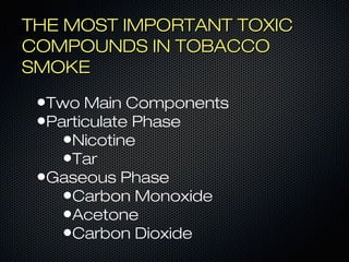 TTHHEE MMOOSSTT IIMMPPOORRTTAANNTT TTOOXXIICC 
CCOOMMPPOOUUNNDDSS IINN TTOOBBAACCCCOO 
SSMMOOKKEE 
•Two Main Components 
•Particulate Phase 
•Nicotine 
•Tar 
•Gaseous Phase 
•Carbon Monoxide 
•Acetone 
•Carbon Dioxide 
 