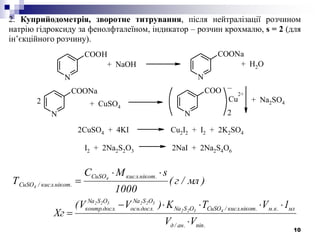10
2. Куприйодометрія, зворотне титрування, після нейтралізації розчином
натрію гідроксиду за фенолфталеїном, індикатор – розчин крохмалю, s = 2 (для
ін’єкційного розчину).
N
COOH
N
COONa
N
COONa
N
COO
2
Cu
2+
+ NaOH + H2O
+ CuSO4
2
–
+ Na2SO4
2CuSO4 + 4KI Cu2I2 + I2 + 2K2SO4
I2 + 2Na2S2O3 2NaI + 2Na2S4O6
)мл/г(
1000
sМC
Т
.нікот.кислCuSO
.нікот.кисл/CuSO
4
4


.піп.ан/д
мл.к.м.нікот.кисл/CuSOOSNa
OSNa
.досл.осн
OSNa
.досл.контр
VV
1VTK)VV(
Xг 4322
322322



 