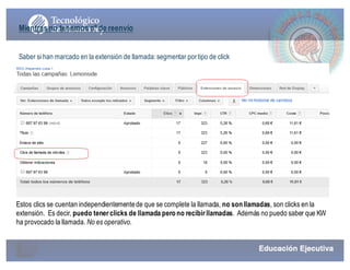 Mientras no tenemos nº de reenvío
Saber si han marcado en la extensión de llamada:segmentar portipo de click
Estos clics se cuentan independientementede que se complete la llamada, no sonllamadas, son clicks en la
extensión. Es decir, puedo tener clicks de llamada perono recibir llamadas. Además no puedo saber que KW
ha provocado la llamada. No es operativo.
 