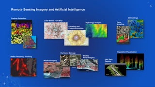 Remote Sensing Imagery and Artificial Intelligence
Radio Frequency Tracking
3D Buildings
Telco
Modeling
Vegetation Visualization
UAV Data
Capture
Lidar-Based Topo Map
Elevation and
Feature Extraction
Wildfire Imagery
Feature Extraction
Hydrology Analysis
Hurricane Damage
Florida
Wildfire
Aerial Imagery
 