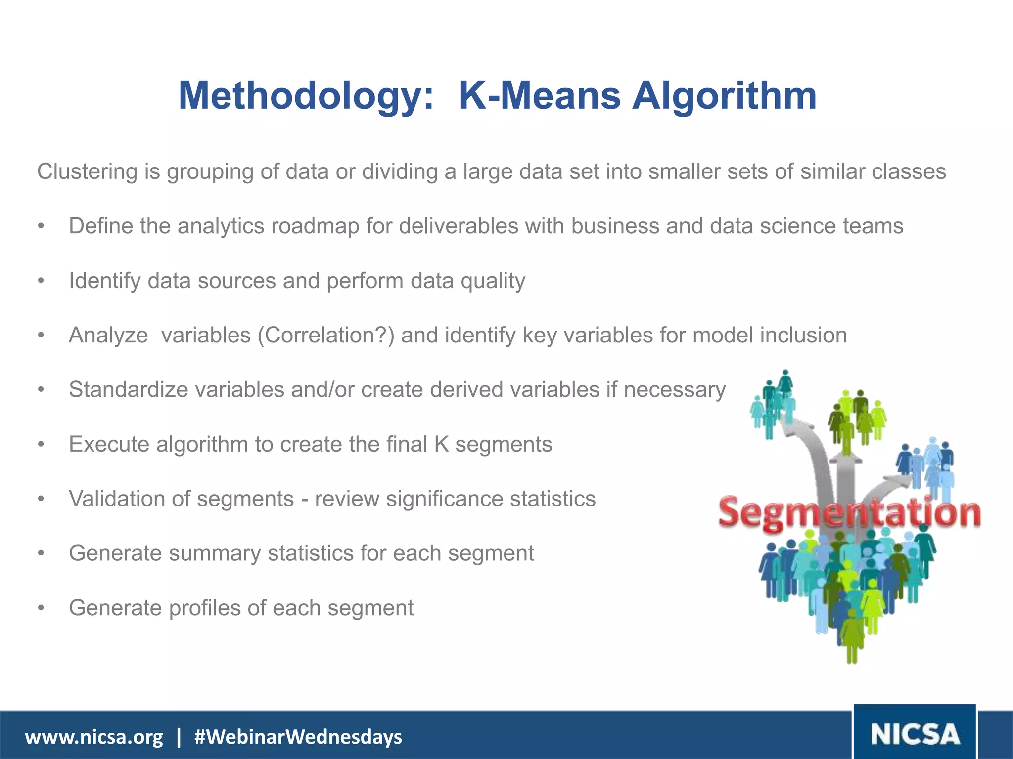 www.nicsa.org | #WebinarWednesdays
Methodology: K-Means Algorithm
Clustering is grouping of data or dividing a large data set into smaller sets of similar classes
• Define the analytics roadmap for deliverables with business and data science teams
• Identify data sources and perform data quality
• Analyze variables (Correlation?) and identify key variables for model inclusion
• Standardize variables and/or create derived variables if necessary
• Execute algorithm to create the final K segments
• Validation of segments - review significance statistics
• Generate summary statistics for each segment
• Generate profiles of each segment
 
