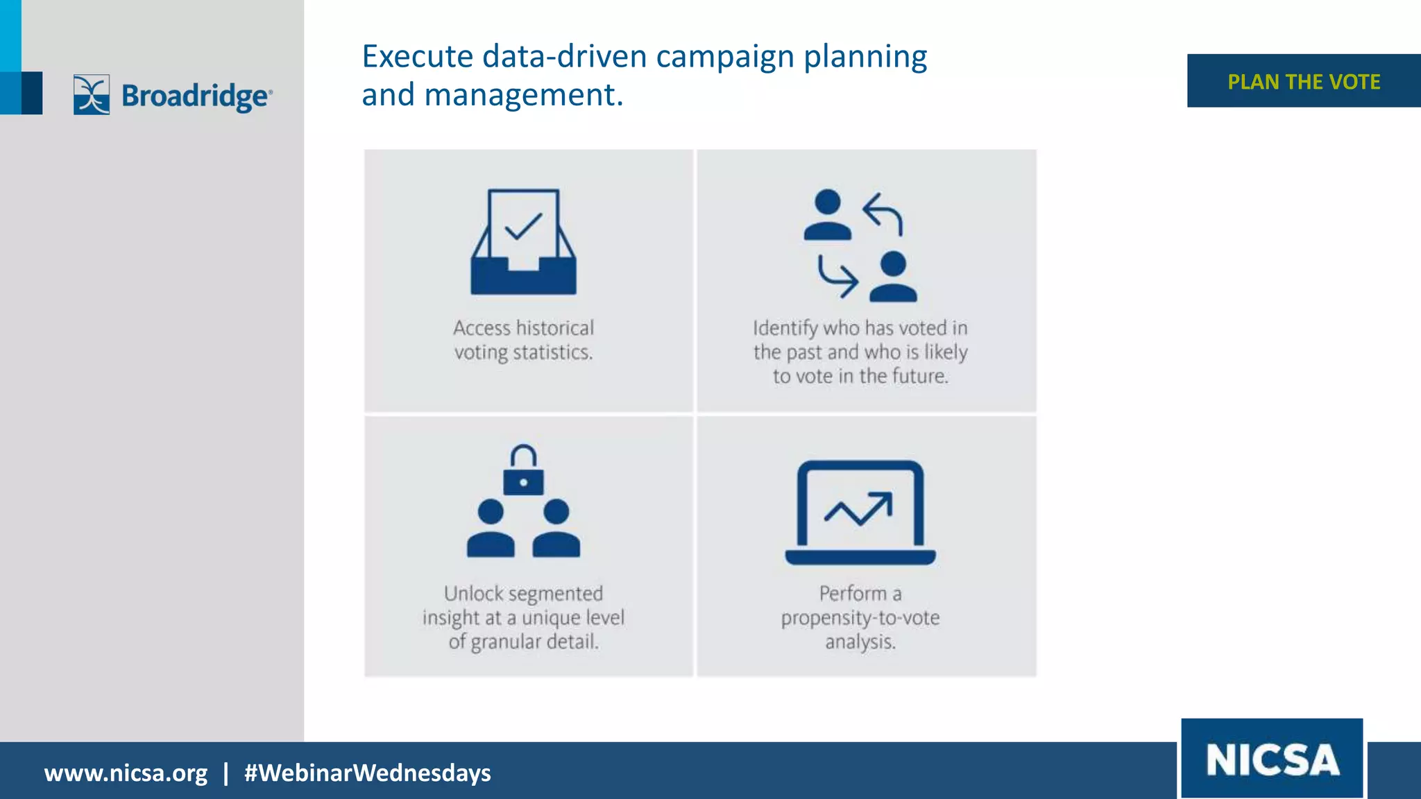 www.nicsa.org | #WebinarWednesdays
PLAN THE VOTE
Execute data-driven campaign planning
and management.
 