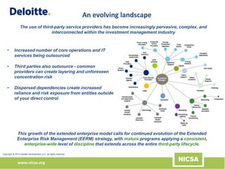 www.nicsa.org
The use of third-party service providers has become increasingly pervasive, complex, and
interconnected within the investment management industry
• Increased number of core operations and IT
services being outsourced
• Third parties also outsource - common
providers can create layering and unforeseen
concentration risk
• Dispersed dependencies create increased
reliance and risk exposure from entities outside
of your direct control
This growth of the extended enterprise model calls for continued evolution of the Extended
Enterprise Risk Management (EERM) strategy, with mature programs applying a consistent,
enterprise-wide level of discipline that extends across the entire third-party lifecycle.
An evolving landscape
:
Copyright © 2015 Deloitte Development LLC. All rights reserved.
 
