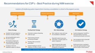 Confidential & Restricted
Confidential & Restricted
Recommendations for CSP’s – Best Practice during NIM exercise
Isolation of interfacing system impacts from Inventory consolidation is critical to the program success.
Architectural Blueprints Migration Methodology Best Practice
Requirement
s
Specification
Testin
g
Deployme
nt
Establish SLA levels based on
business criticality of fallout
By having dedicated Level-2
& Level-3 support
Pre-emptive analysis and
documentation of order &
customized support flows
Escalation matrix for
expedited support on fallouts
Volumetric analysis of pending
orders by type
Preprocessing and post
processing strategies
Pending order conversion
automation
Support strategy to manual
migration of orders in lower volumes
SDLC selection varies with type
of consolidation undertaken
Waterfall model of execution
works best, in simple system to
system migrations
Agile frameworks like scaled
agile is useful with increasing
complexity of migrations
Systems Integration Test(SIT) is
executed based on business
scenarios pre and post conversion
User acceptance test is executed
by csp business units
Performance test is mandatory
when data getting loaded is huge
and for mission critical systems
Fallout Strategy Pending Order Strategy SDLC Methodology QA Validation Strategy
Key Accelerators : FalloutStrategy Guide, Seamless 3PP Integration Guide Best Practices with Inflight CoE
 