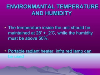 ENVIRONMANTAL TEMPERATUREENVIRONMANTAL TEMPERATURE
AND HUMIDITYAND HUMIDITY
• The temperature inside the unit should be
maintained at 28’ +_2’C, while the humidity
must be above 50%.
• Portable radiant heater, infra red lamp can
be used
 