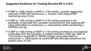 Suggested Guidelines for Treating Elevated BP in s-ICH   If SBP is >200 mmHg or MAP is >150 mmHg, consider aggressive reduction of BP with continuous i.v. infusion, with frequent BP monitoring every 5 min.  If SBP is >180 mmHg or MAP is >130 mmHg and there is the possibility of elevated ICP, consider monitoring ICP and reducing BP using intermittent or continuous i.v. medications while maintaining a CPP>60 mm Hg.  If SBP is >180 mmHg or MAP is >130 mmHg and there is not evidence of elevated ICP, then consider a modest reduction of BP (eg: MAP of 110 mmHg or target BP of 160/90 mmHg) using intermittent or continuous i.v. medications to control BP and clinically reexamine the patient every 15 min.  